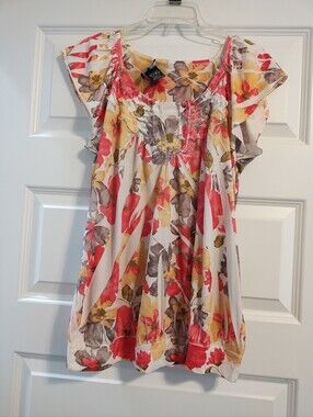5/$25 Floral Ruffle-Trim Women's Top - Red, Yellow & Gray